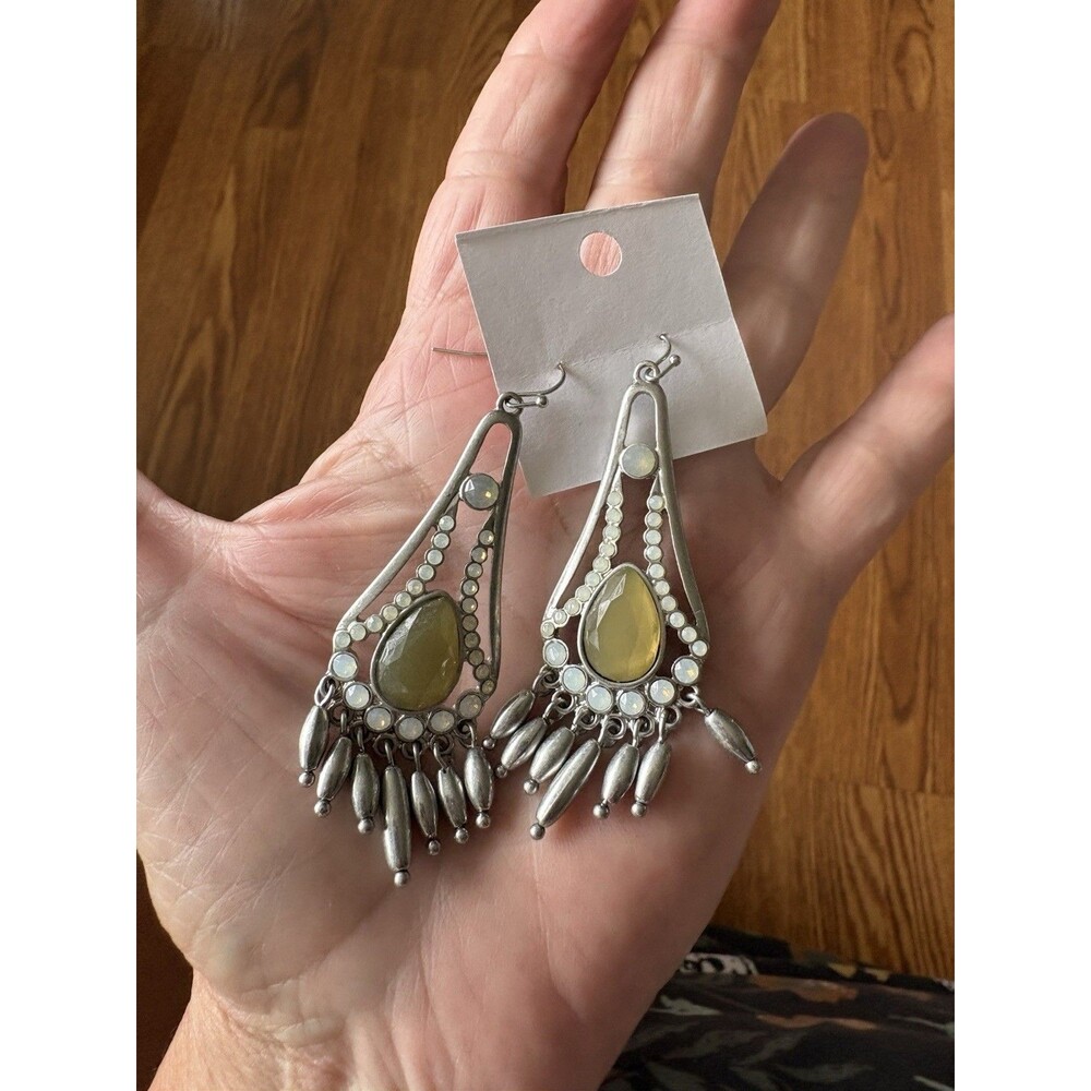 Lia Sophia Retired “ Saville Row " chandelier earrings Green Oval Stone